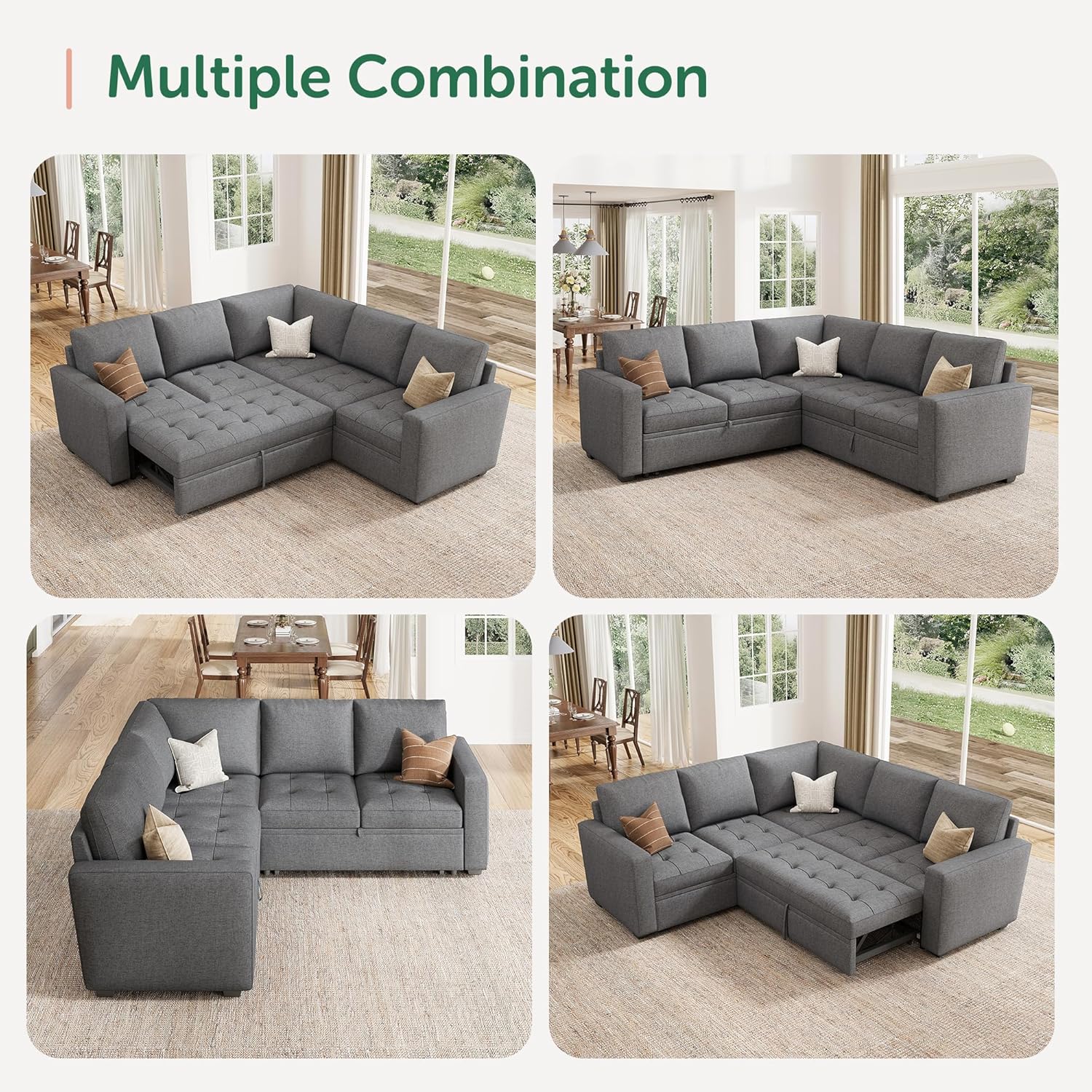 HONBAY Modular Sectional Sleeper Sofa with Pull Out Bed, Linen Convertible L Shaped Couch with Storage Seat, Sectional Couches for Living Room,Grey