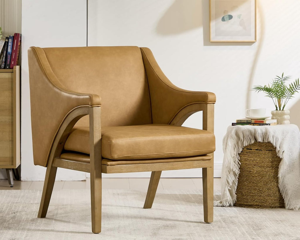 Mid Century Modern Accent Chairs Set of 2 with Barrel Back, Upholstered Armchair Comfy Reading Chairs with 4" Thick Cushion, Solid Wood Legs for Living Room/Bedroom/Reading Corner, PU Fabric, Brown