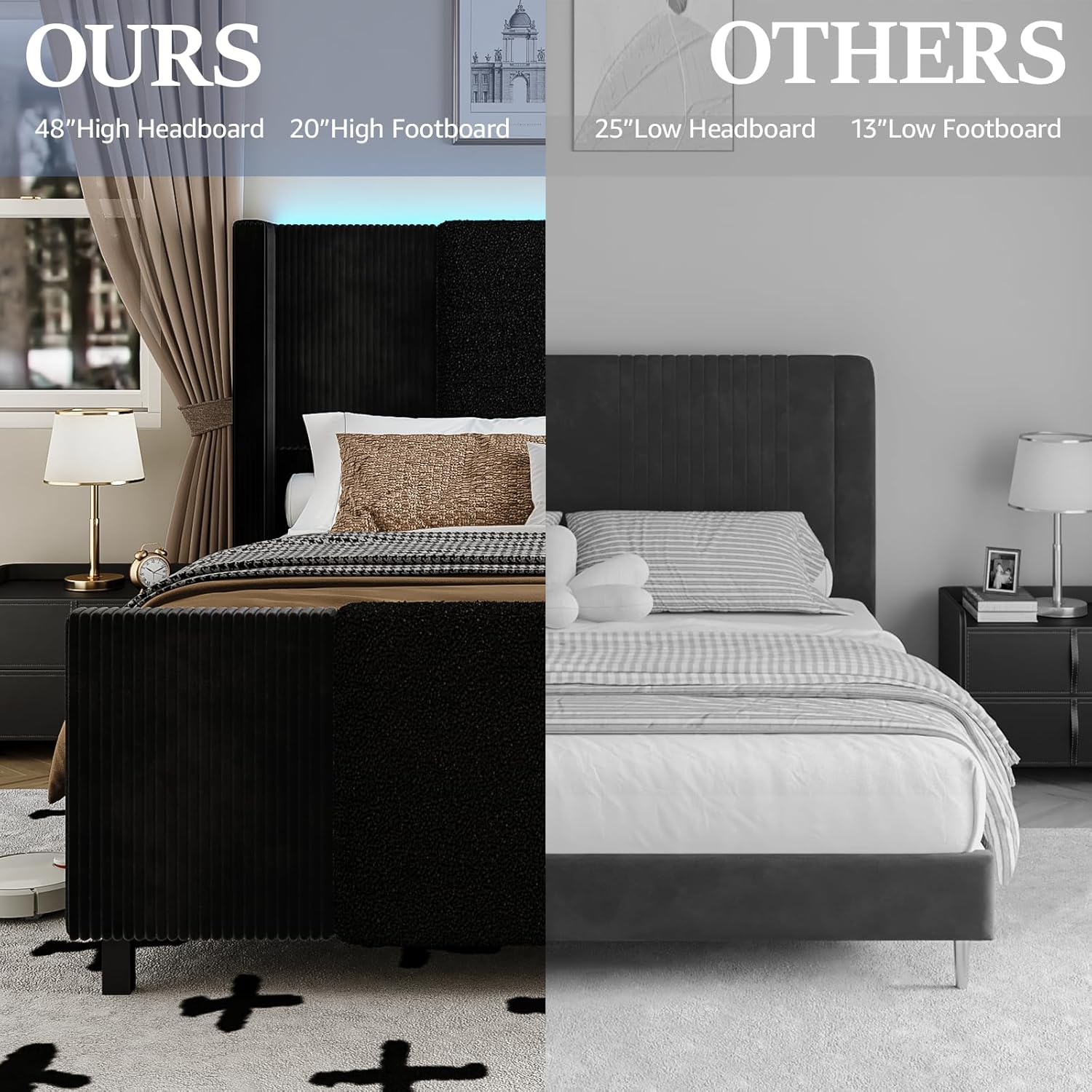 Queen Upholstered Bed Frame with Headboard and Footboard, Boucle and Velvet Bed Frame with LED Lights, Modern Platform Bed Frame, Noiseless, Easy Assembly, Black