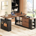 L Shaped Standing Desk Adjustable Height, 53" Electric Office Desk with File Drawers & Storage Shelves, Sit Stand Corner Computer Desk with Power Outlets, Pegboard, 6 Hooks, Black & Walnut