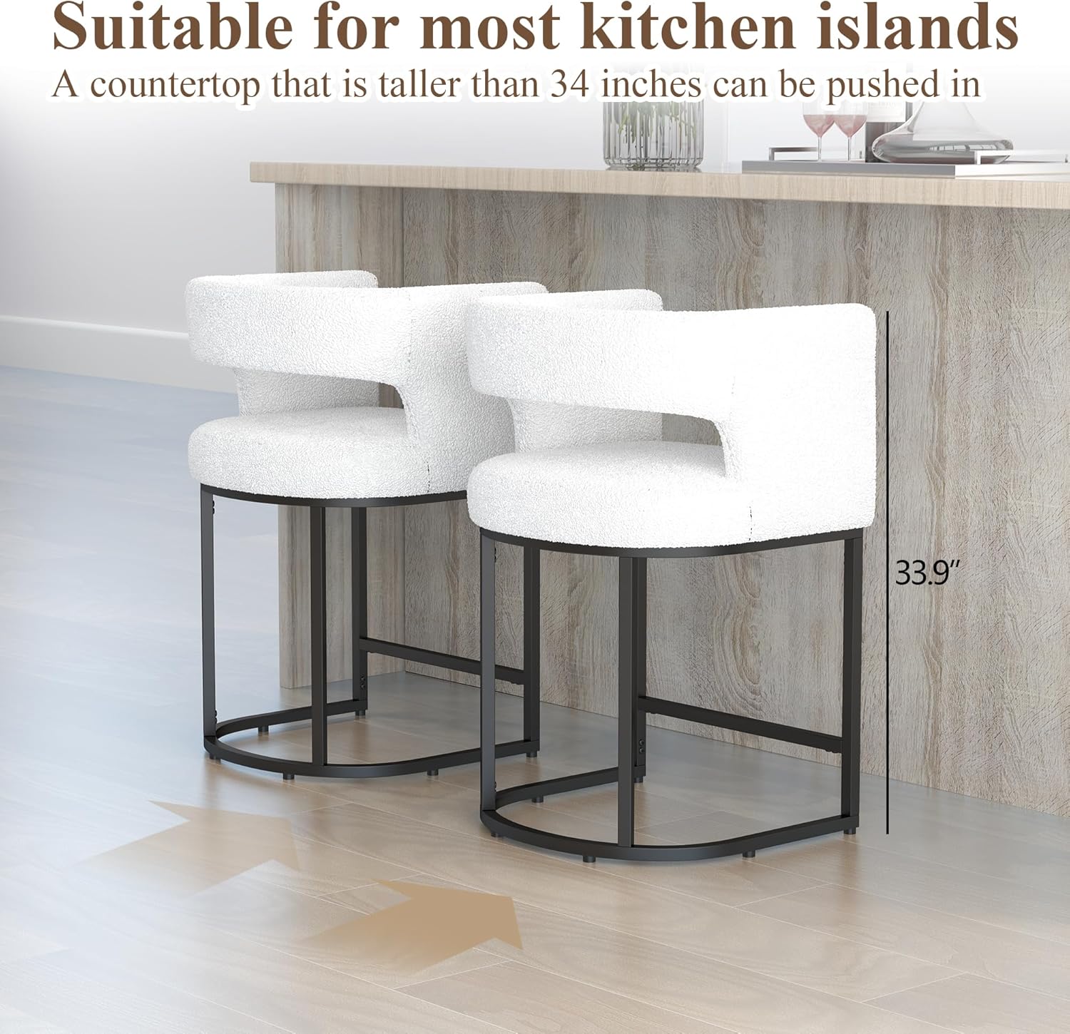 Westice Bar Stools Set of 3, 26” Seat Height Counter Height Stools with Curved Backrest, Barrel Sherpa Fabric Bar Chairs with Metal Frames, Upholstered Chairs for Kitchen Island, Pub, Club, Beige
