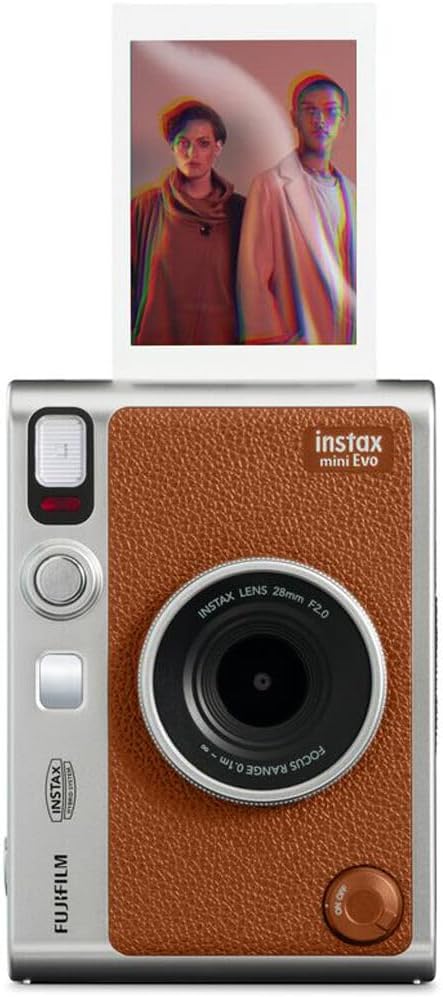 FUJIFILM INSTAX MINI EVO Hybrid Instant Camera (Brown) Bundle with Fuji Instax-Mini-Instant Film Value Pack (20 Sheets) + 32GB Memory Card + Carrying Case + Photo Album 64 Pockets + Cleaning Cloth