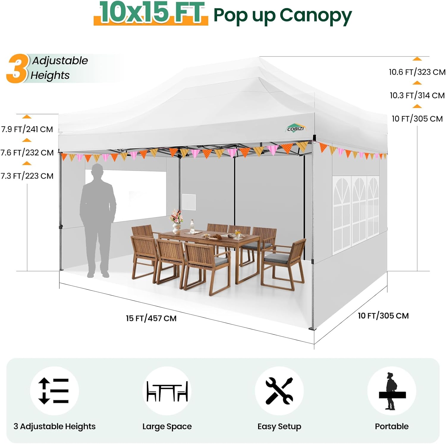 COBIZI 10x15 Pop up Canopy Gazebo 3.0  Easy up Heavy Duty Canopy with 4 Removable Sidewalls  High Stability  All Weather Sunshade 100% Waterproof Outdoor Canopy Tents  White