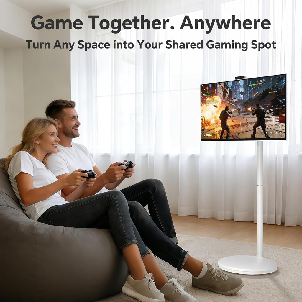 32" 2K Smart Portable TV  Rolling Android Tablet on Wheels  Touchscreen Monitor  Rechargeable Battery  Full Swivel Rotation  20W Audio Snap-on Camera