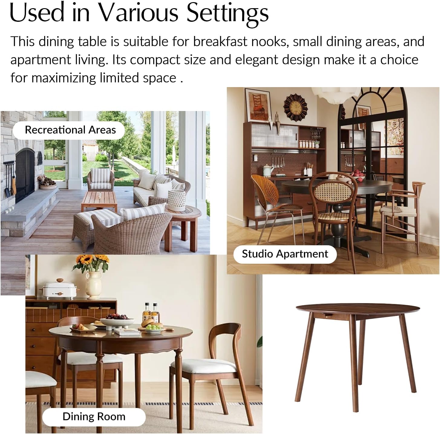 HULALA HOME Round Dining Table for 4, 42" Brown Wood Kitchen Table with Rubber Wooden Legs Small Circle Dinner Coffee Writing Table Space Saving Dinette for Dining Living Room - Acorn