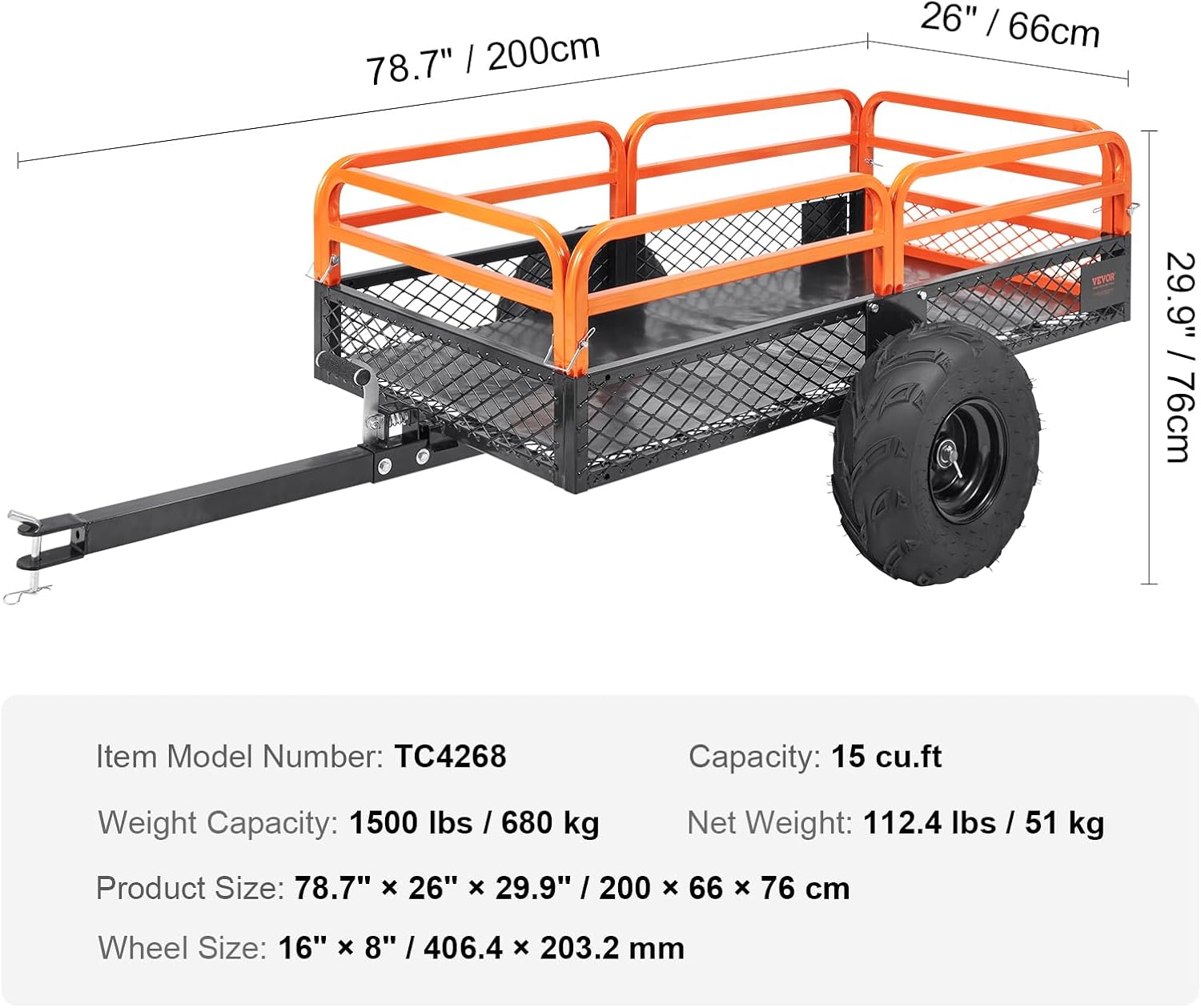 VEVOR ATV UTV Trailer Tow Behind Dump Cart  1500lbs 15 Cubic Feet  Heavy Duty Yard Garden Trailer Pull Behind Dump Trailer for Lawn Mower Tractor