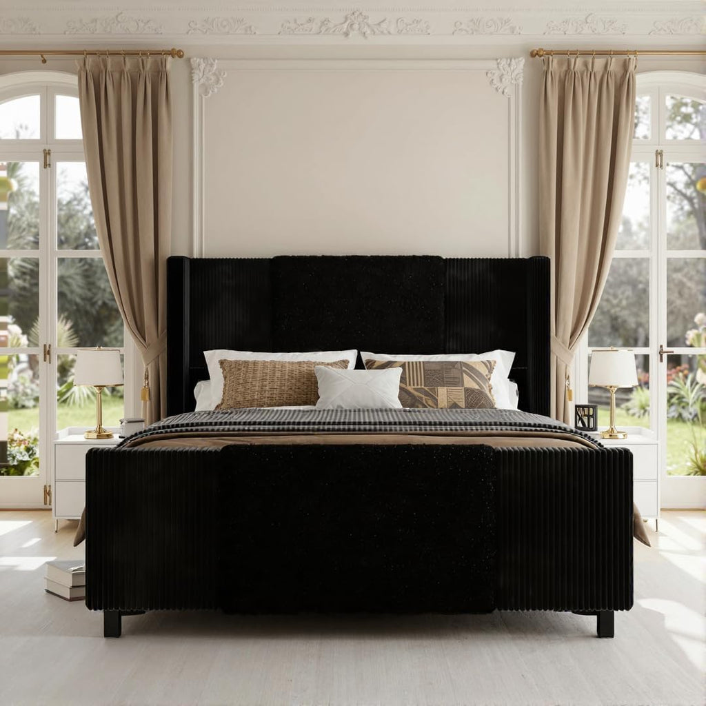 Queen Upholstered Bed Frame with Headboard and Footboard, Boucle and Velvet Bed Frame with LED Lights, Modern Platform Bed Frame, Noiseless, Easy Assembly, Black