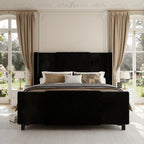 Queen Upholstered Bed Frame with Headboard and Footboard, Boucle and Velvet Bed Frame with LED Lights, Modern Platform Bed Frame, Noiseless, Easy Assembly, Black