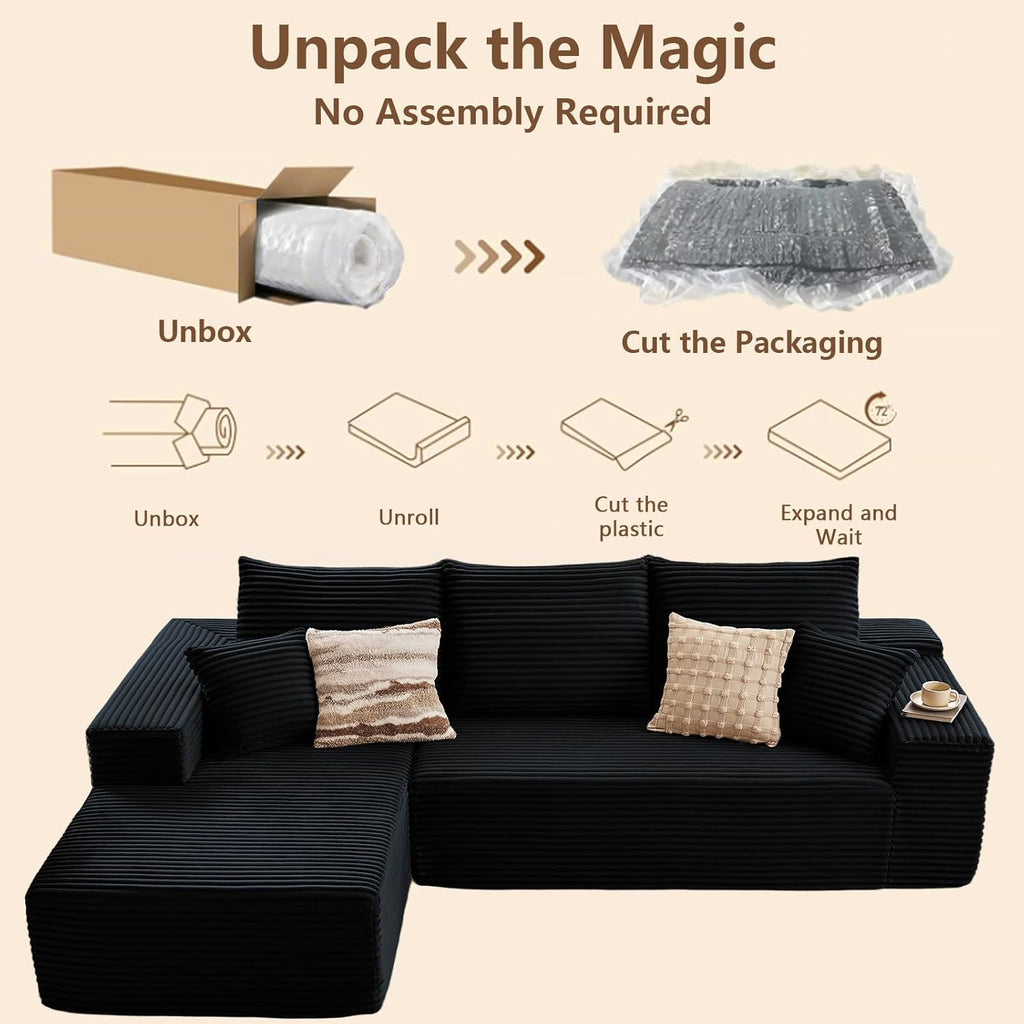 96" Modular Sectional Sofa, Modern Corduroy Cloud Couch with Deep Seat, Boneless Couch Upholstered 3-Seater L-Shaped Sofa for Living Room, No Assembly Required(Black, Left-Facing Chaise)