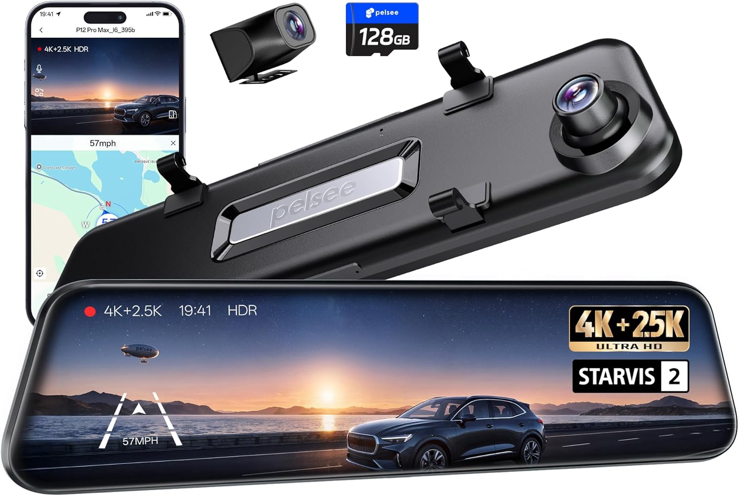 Pelsee 4K+2.5K Mirror Dash Cam with Front Starvis 2 IMX678 & Rear IMX335  12" Rear View Mirror Camera  Color Night Vision  5.8GHz WiFi  ADAS & BSD  Included OBD Hardwire Kit  128GB Card  P12 Pro Max