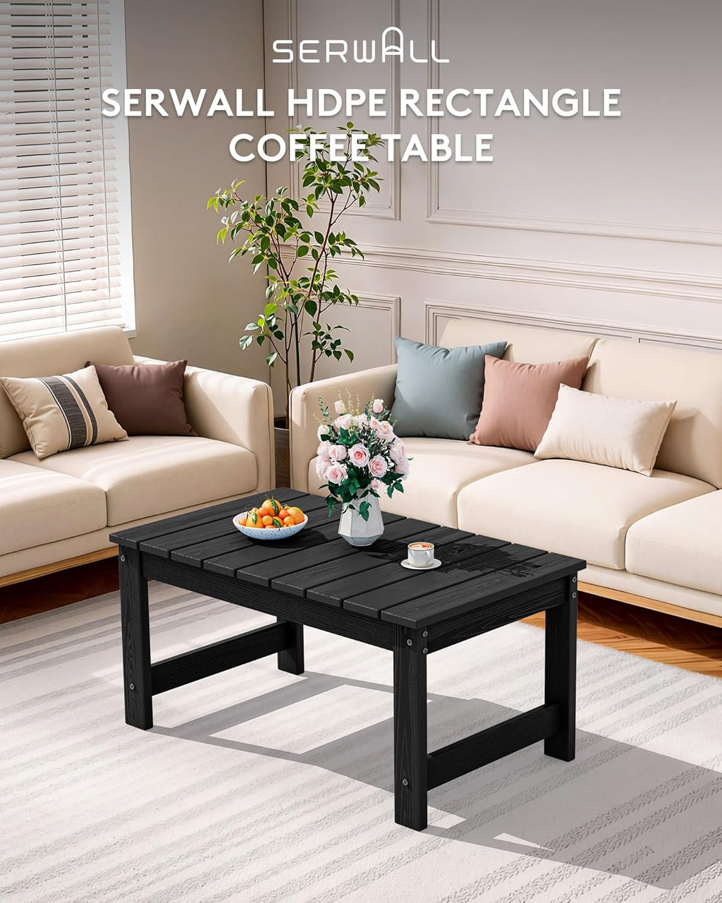 SERWALL Outdoor Coffee Table, HDPE Patio Coffee Table for Outside, Rectangle, Black