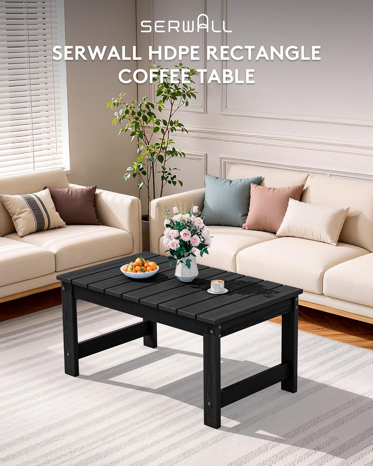 SERWALL Outdoor Coffee Table, HDPE Patio Coffee Table for Outside, Rectangle, Black