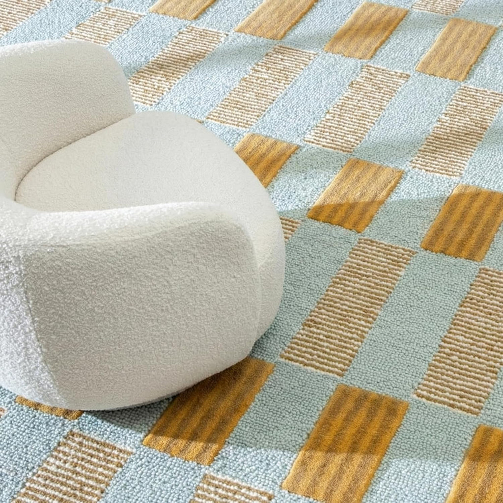 Hand-Tufted Scalloped Wool Area Rug, Modern Plaid Checkered Pattern, Soft & Durable Cozy Accent Rug for Living Room, Bedroom & Nursery, Handmade Decorative Floor Carpet (Light Blue, 8' x 10')