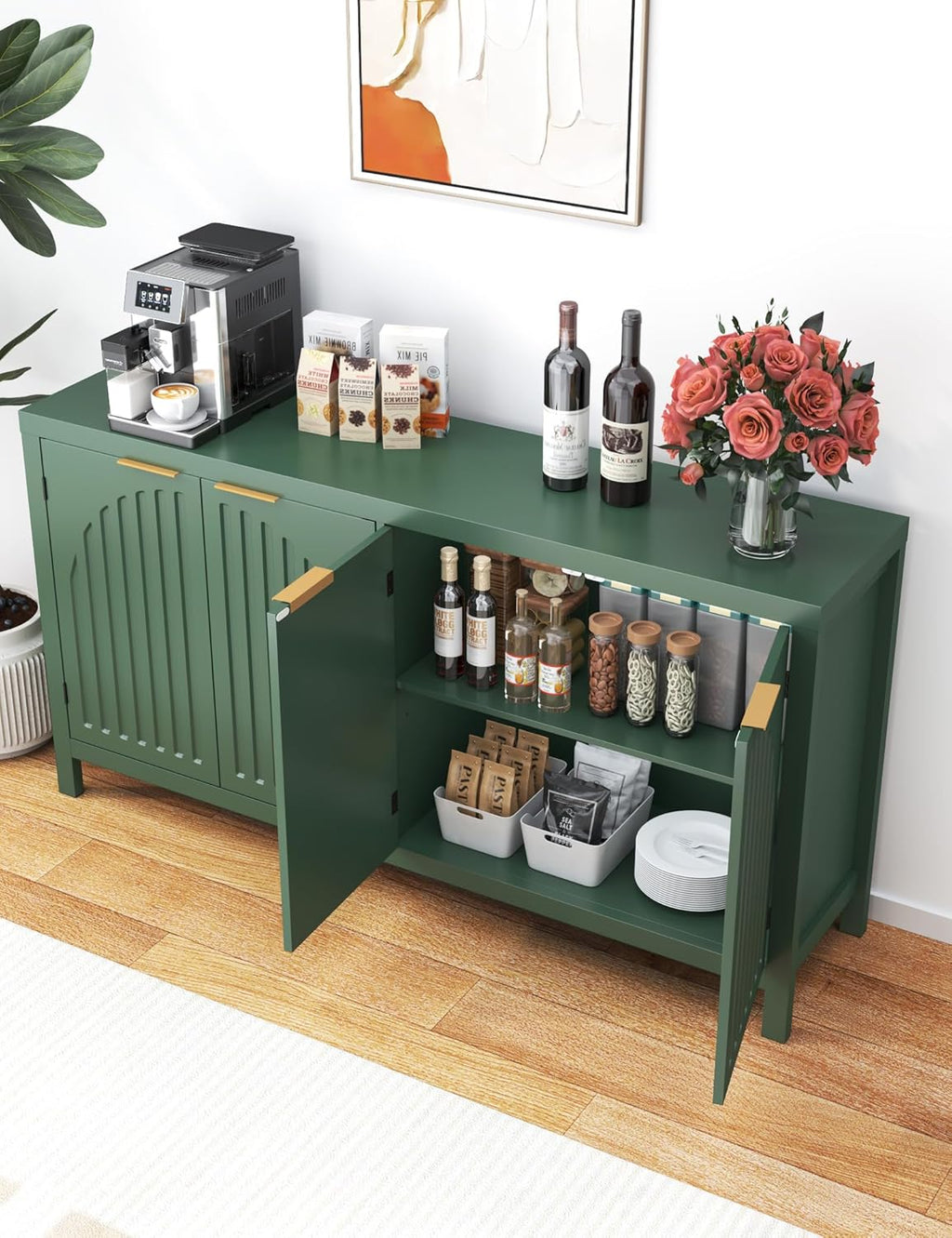 58" Modern Fluted Sideboard Buffet Cabinet with Storage, Modern Credenza with Arched Doors, Coffee Bar Table, Wood Media TV Console Table Credenza for Living Room Hallway Entryway (Green)