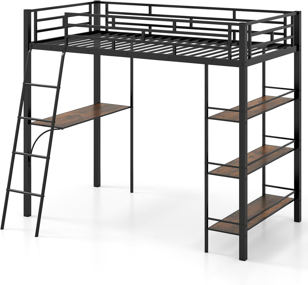Giantex Twin Size Loft Bed with Desk & Shelves, Metal Bed Frame with Inclined Ladder & Full-Length Guardrails, High Loft Bed for Kids, Teens, Home, Dorm, Apartment, No Box Spring Needed