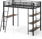 Giantex Twin Size Loft Bed with Desk & Shelves, Metal Bed Frame with Inclined Ladder & Full-Length Guardrails, High Loft Bed for Kids, Teens, Home, Dorm, Apartment, No Box Spring Needed