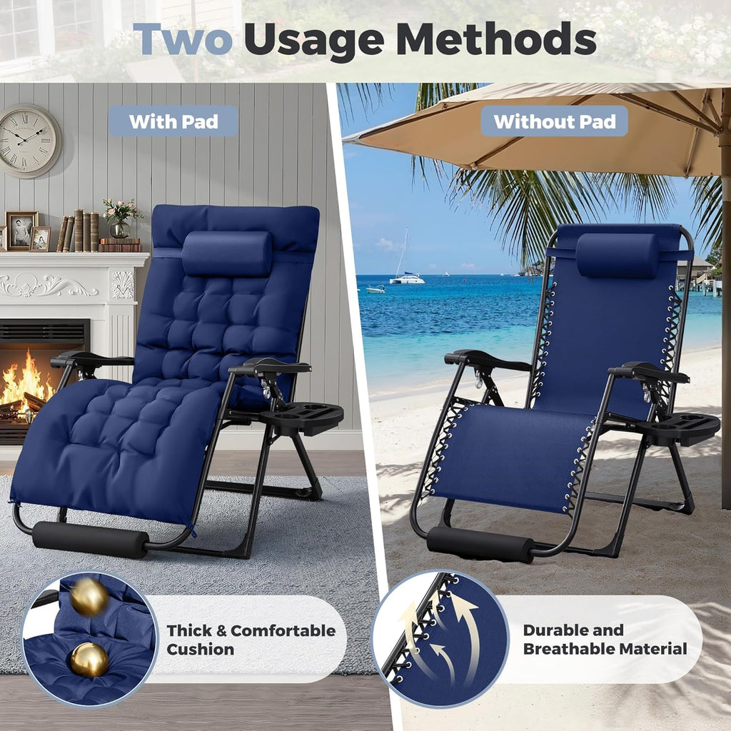 Homall Oversized Zero Gravity Chair, 32In Recliner Lounge Chair with Removable Soft Cushion and Cup Holder, Adjustable Anti Gravity Chair Folding Patio Chairs Padded for Indoor and Outdoor, Blue