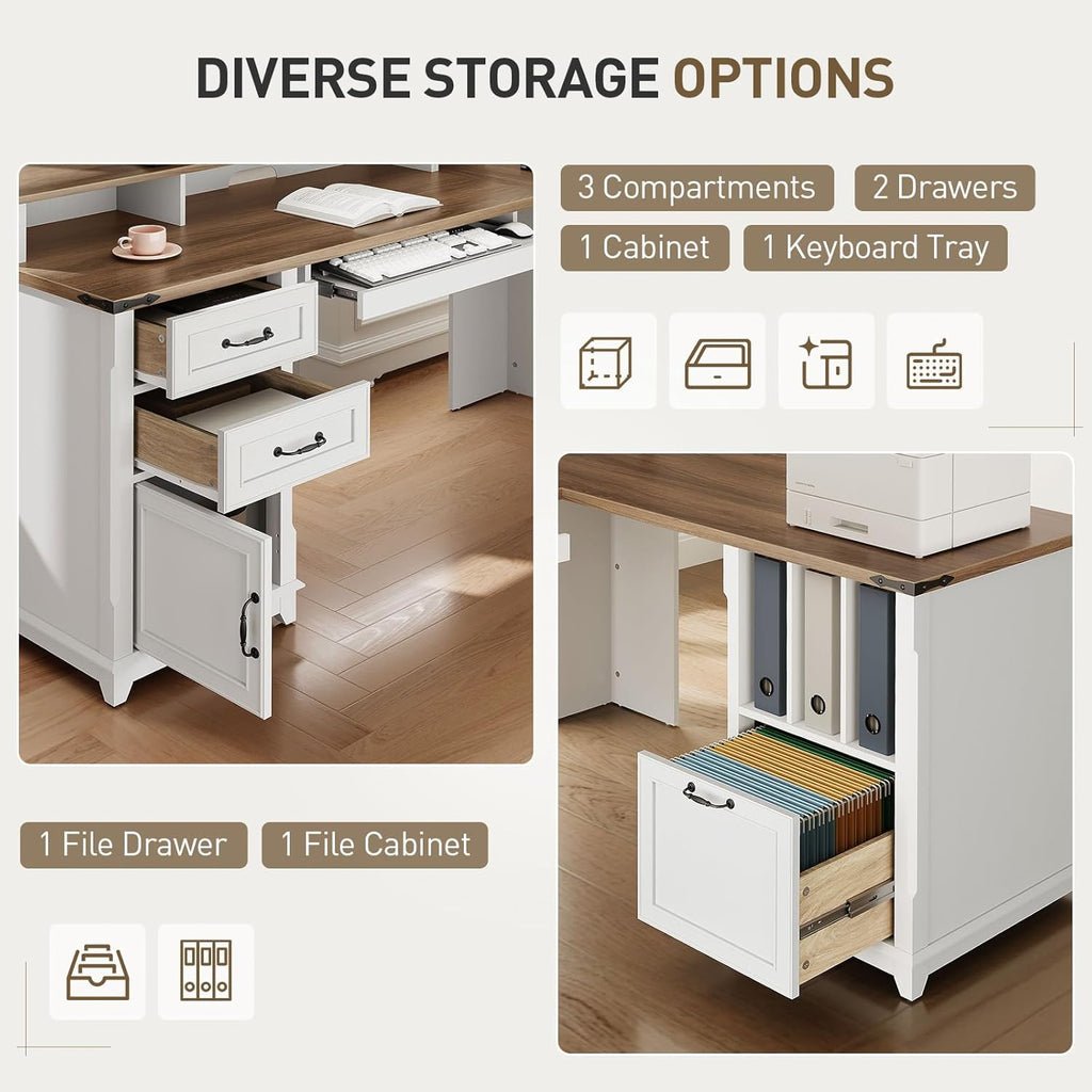 Farmhouse 69" Executive L Shaped Desk with Drawer, Home Office Desk with Charging Station, Corner Computer Desk with Monitor Stand, File Drawer, Storage Cabinet, White and Walnut