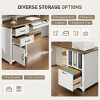 Farmhouse 69" Executive L Shaped Desk with Drawer, Home Office Desk with Charging Station, Corner Computer Desk with Monitor Stand, File Drawer, Storage Cabinet, White and Walnut