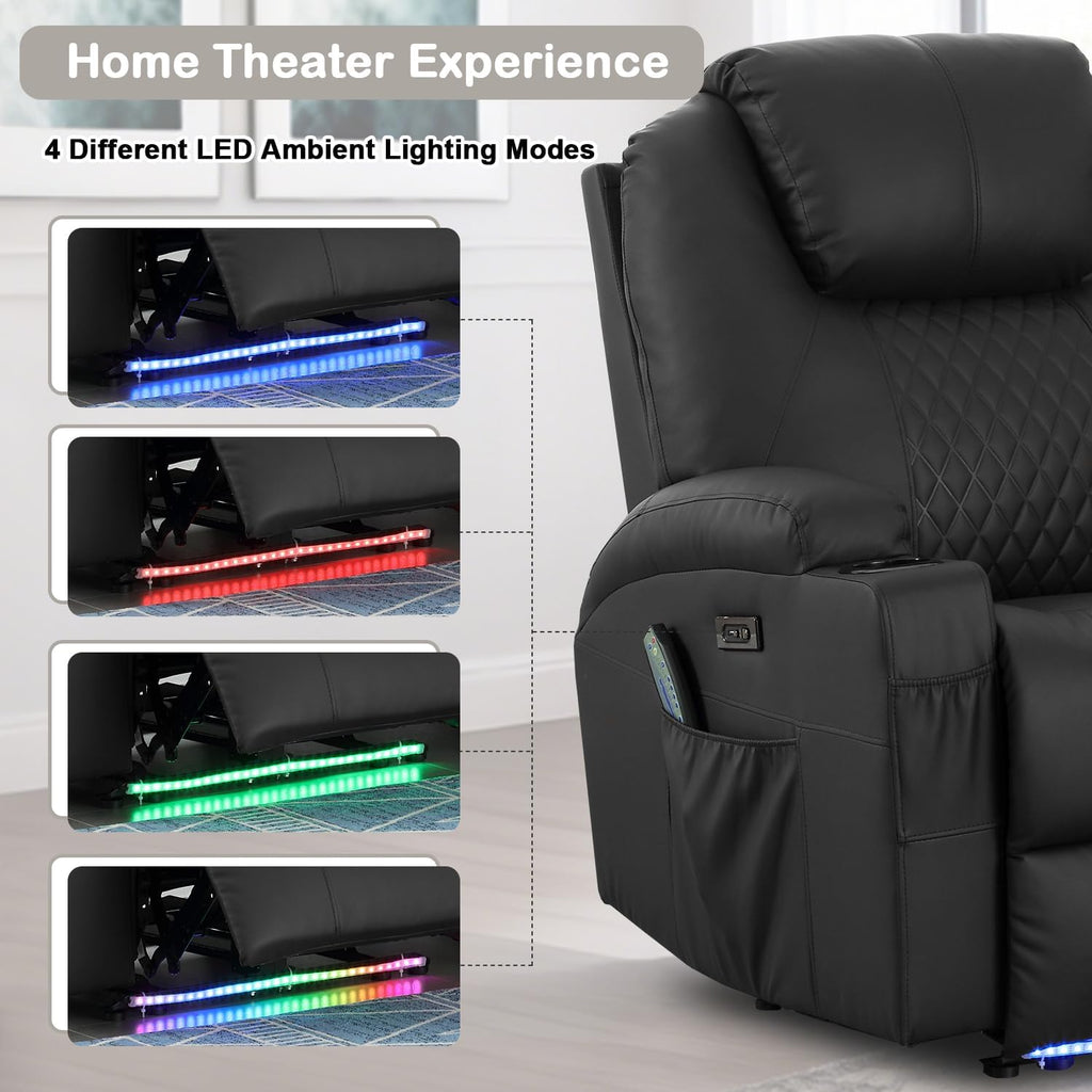 Power Recliner Chair with Heat and Massage for Adults - Home Theater Seating with LED Lights,Cup Holders,Side Pocket,USB Port - Recliner Sofa for Living Room (Black, Single Recliner)
