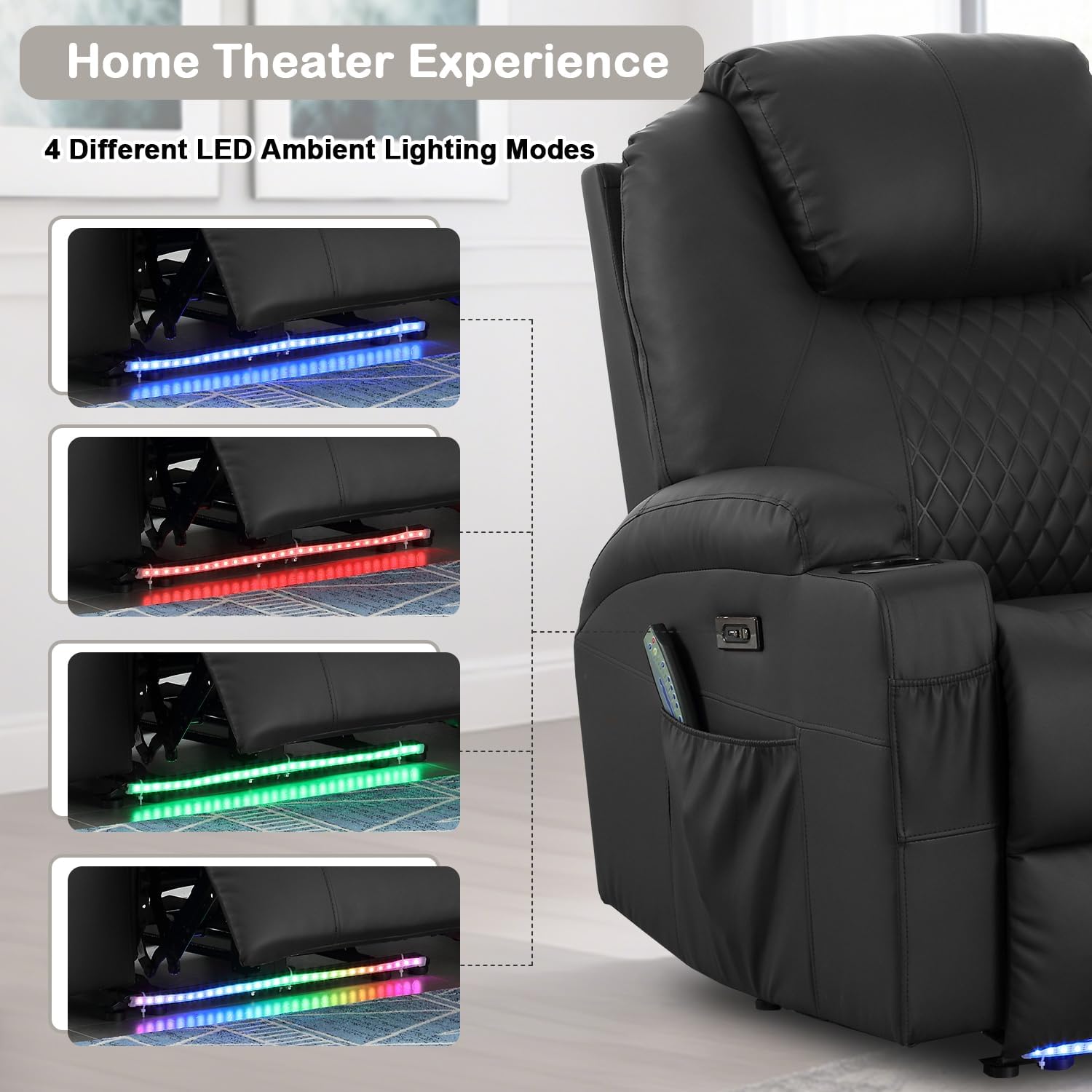 Power Recliner Chair with Heat and Massage for Adults - Home Theater Seating with LED Lights,Cup Holders,Side Pocket,USB Port - Recliner Sofa for Living Room (Black, Single Recliner)