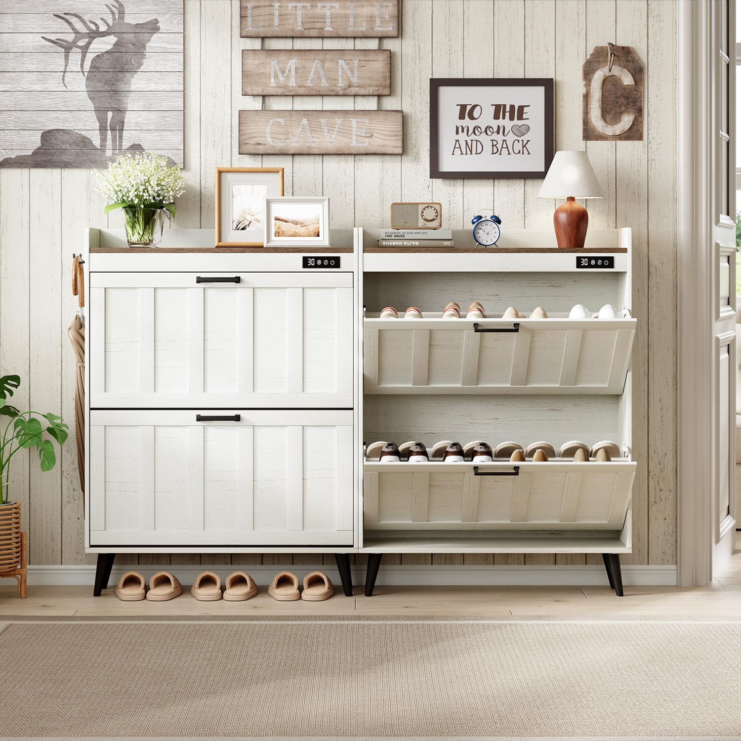 ChooChoo Shoe Storage Cabinet with 2 Flip Drawers, Deodorizing Shoe Organizer Storage for Entryway, Freestanding Hidden Slim Narrow Shoe Rack Cabinet, Antique White & Brown