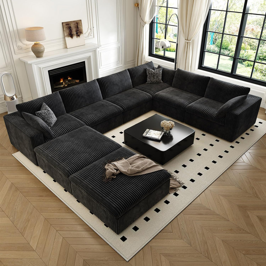157.5" Cloud Couch Oversized Modular Sectional Sofa for Living Room,Modern Sofa with Deep Seat .8 Seater Boneless Couch with 2 Ottoman,Comfy Upholstered Couches for Apartment, Studio, Office,Black