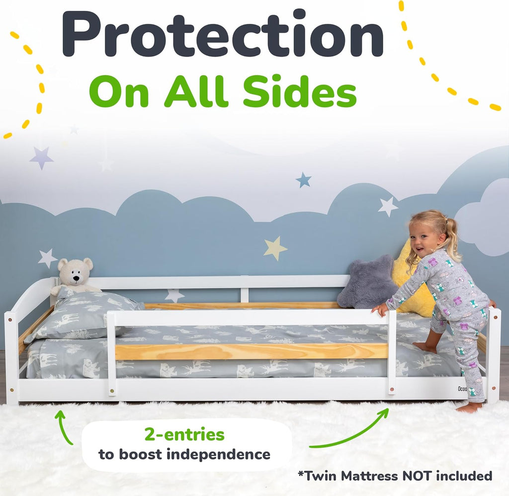 Ocodile Twin Floor Bed with Safety Guardrails for Kids, Montessori Inspired with Rails and 2 Openings, Twin Size Bed Frame for Girls and Boys - White