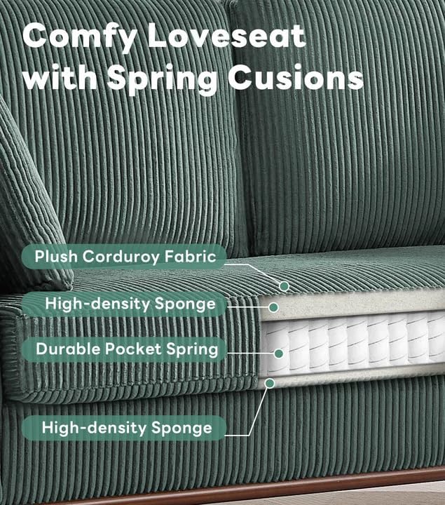 Tbfit 65" Corduroy Love Seat with Spring Cusions, Mid Century Modern Loveseat Sofa for Livingroom & Bedroom, Comfy Upholstered Small Couch