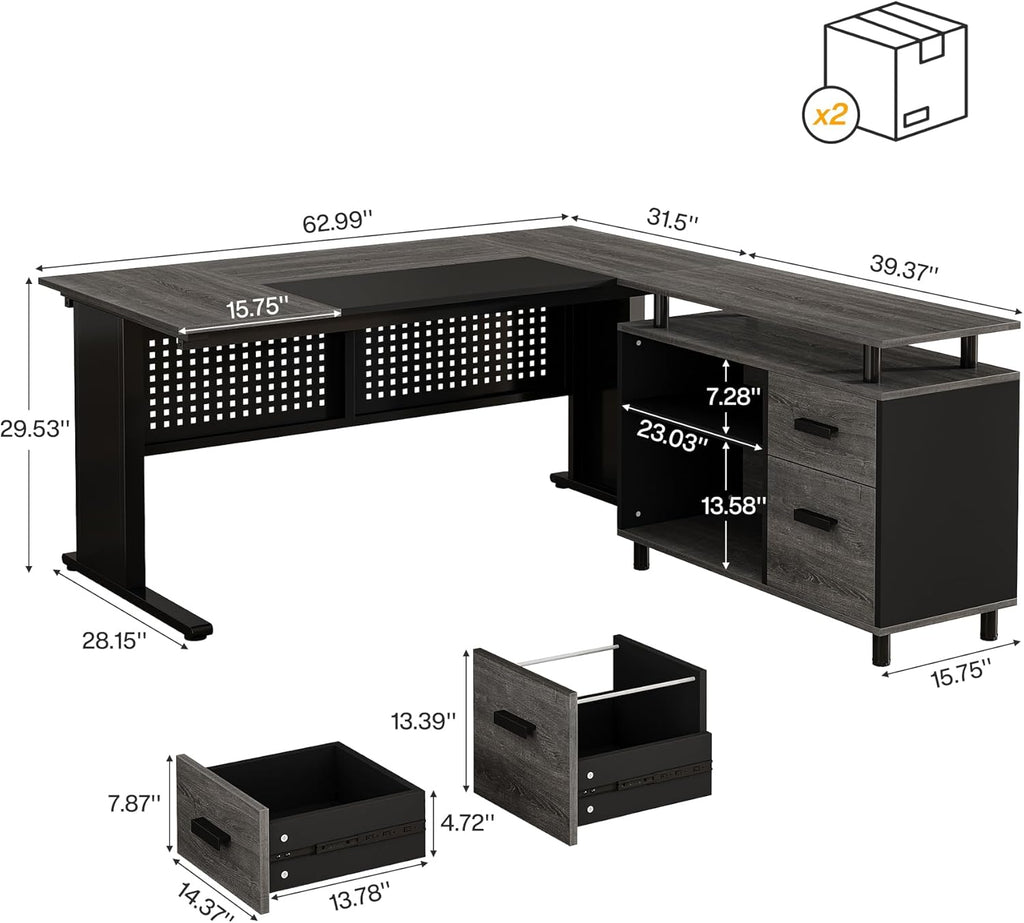 Tribesigns 63-Inch L-Shaped Executive Desk with Storage Shelves, Large Office Computer Desk with Drawers and File Cabinet, Industrial Business Workstation for Home Office, Gray and Black