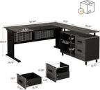 Tribesigns 63-Inch L-Shaped Executive Desk with Storage Shelves, Large Office Computer Desk with Drawers and File Cabinet, Industrial Business Workstation for Home Office, Gray and Black