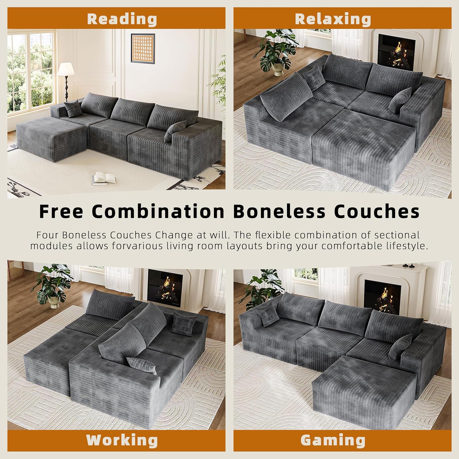 110" Boneless Couches for Living Room Cloud Couch Modular Sectional Sofa with Deep Seat Plush Large Foam Sofa L-Shape Sofa Couch,No Assembly Required, Carbon Gray(Plush Corduroy Fabric)