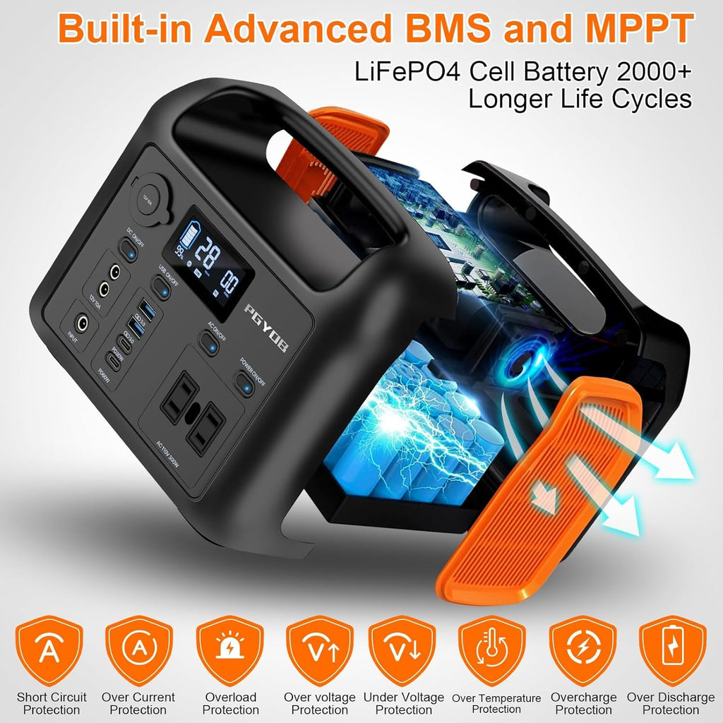 Portable Power Station with 55W Solar Panel  299Wh LiFePO4 Backup Battery 300W Pure Sine Wave AC (600W Peak) Car Outlets PD 60W QC3.0 Solar Generator Power Bank for Camping  Emergency  CPAP