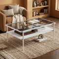 Casaphoria Rectangle Coffee Table with Gray Tempered Glass Top, Modern 2-Tier Center Cocktail Table with White Metal Legs and Wood MDF Storage Shelf for Living Room Apartment, 38 Inch, 220 LBS