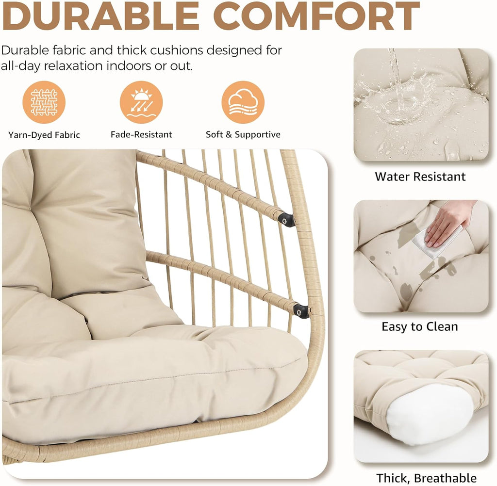 BULEXYARD Wicker Egg Chair Without Stand, 350 Lbs Foldable Rattan Swing with Cozy Padded Cushion, All-Season Hanging Hammock Basket for Outdoor Patio Balcony Bedroom Garden Tree Ceiling, Beige