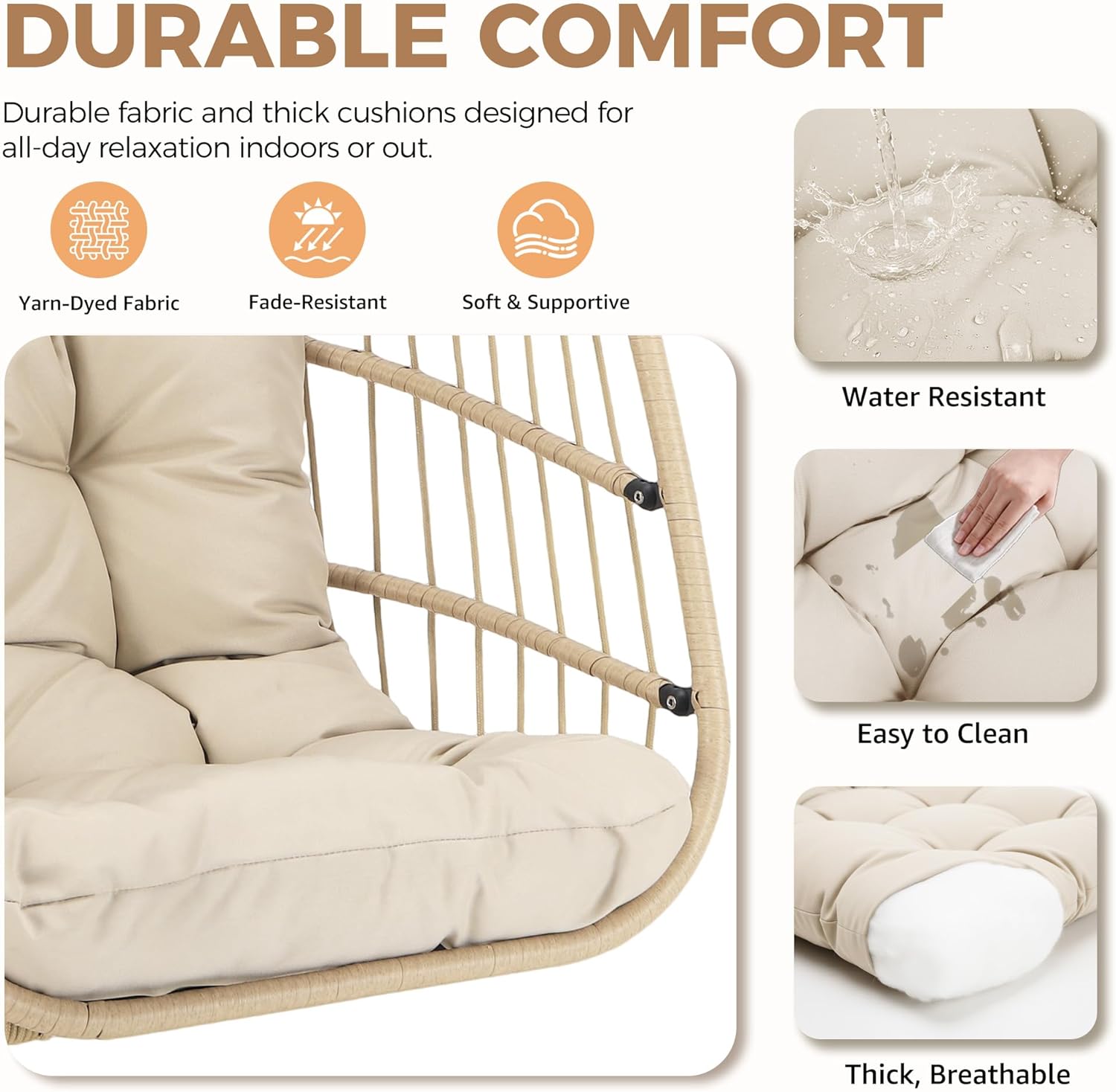 BULEXYARD Wicker Egg Chair Without Stand, 350 Lbs Foldable Rattan Swing with Cozy Padded Cushion, All-Season Hanging Hammock Basket for Outdoor Patio Balcony Bedroom Garden Tree Ceiling, Beige