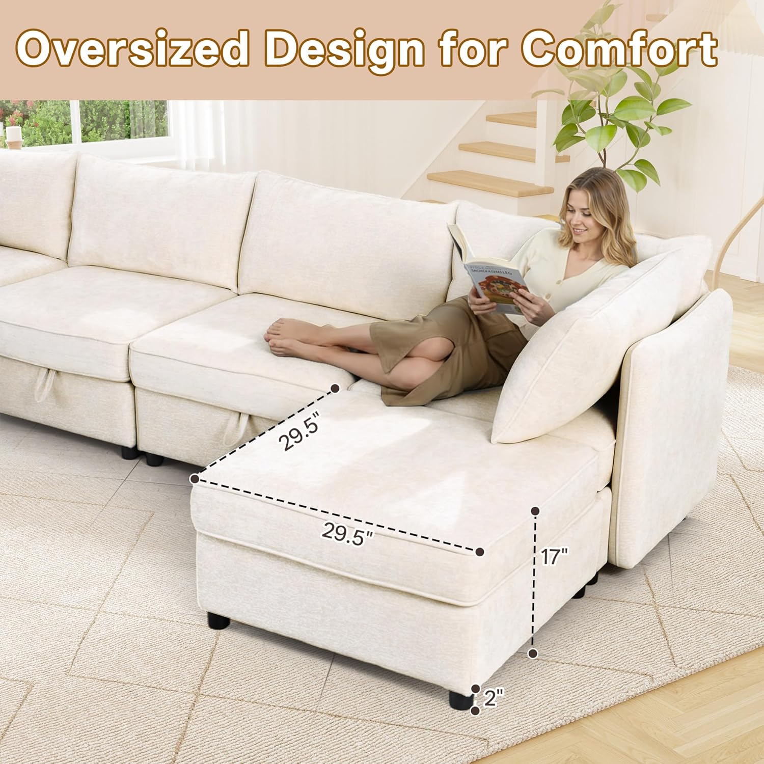 125" Chenille Modular Sectional Sofa Bed Hidden Storage, Convertible L U Shaped Sleeper Couch, 8 Seat Modern Modular Sectional Sofa with Removable Covers & Ottoman Chaise, for Living Room, Beige