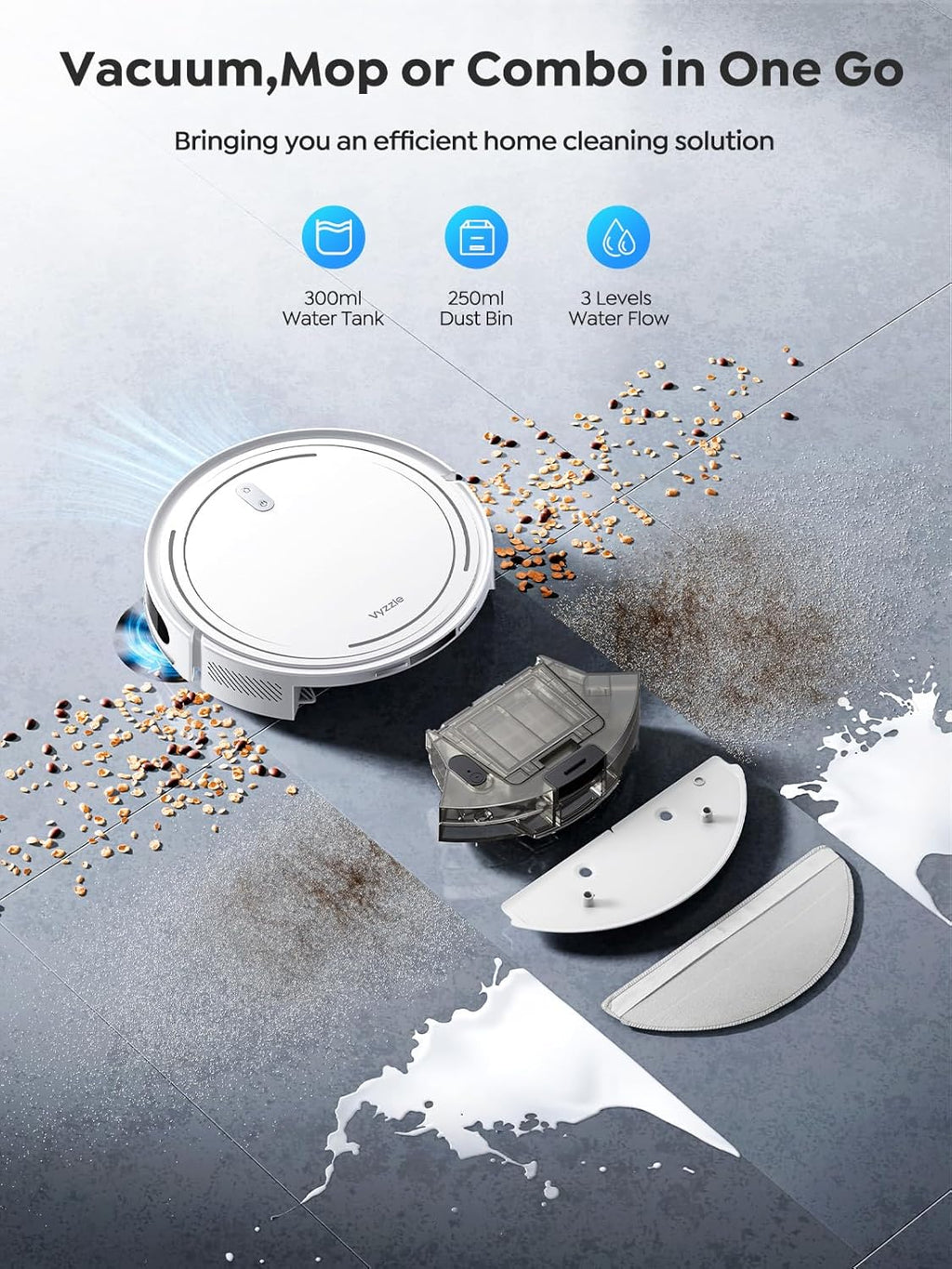Vyzzle Robot Vacuum and Mop, Smart Navigation Robot Vacuum with 5000Pa Suction, Ultra Slim Robot Vacuum Cleaner, 150Mins Max, App/Alexa Control for Pet Hair, Hard Floor, Carpet, Customized Cleaning