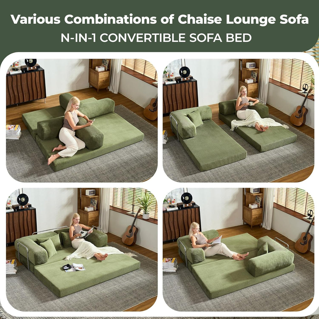 78 Inch Convertible Sofa Bed, Corduroy Boneless Couch with Fixed Frame and 4 Pillows, Modular Sectional Couch for Living Room Bedroom Studio Floor Bed Loveseat Sofa (Green)