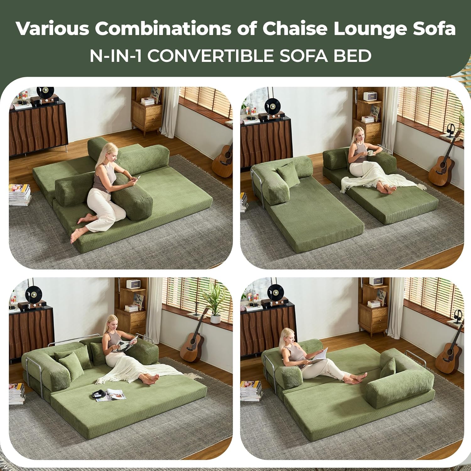 78 Inch Convertible Sofa Bed, Corduroy Boneless Couch with Fixed Frame and 4 Pillows, Modular Sectional Couch for Living Room Bedroom Studio Floor Bed Loveseat Sofa (Green)