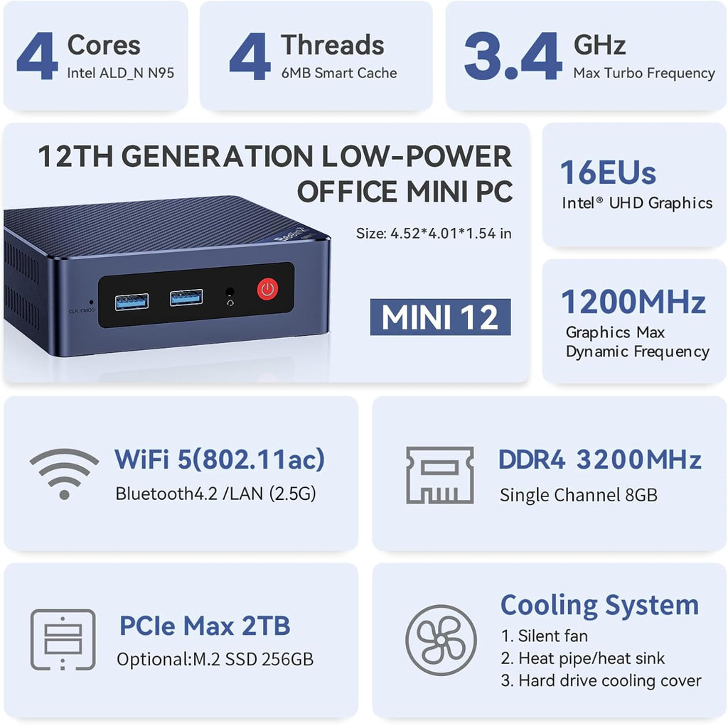Beelink EQ Mini PC Mini S12 N95 Intel Alder Lake-N95 (up to 3.4GHz) 16GB DDR4 500GB M.2 SSD Mini Desktop Computer  Support 4K@60Hz Dual HDMI Display  2.5G LAN/USB3.2/Low-Power Home/Office Micro PC