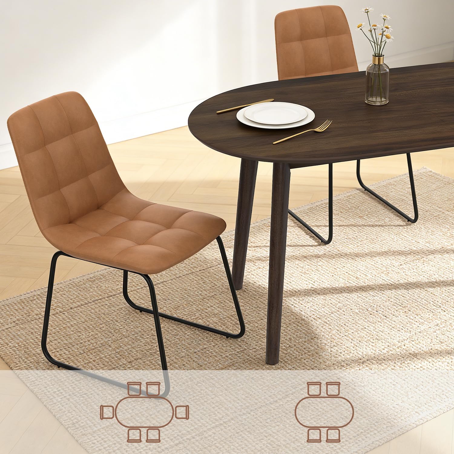 63" Oval Dining Table Set for 4, 5 Piece Modern Dining Table Set for Kitchen and Dining Room, Solid Wood Legs Dining Table with 4 Checkered PU Leather Dining Chairs（Walnut Table+4 Brown Chairs)