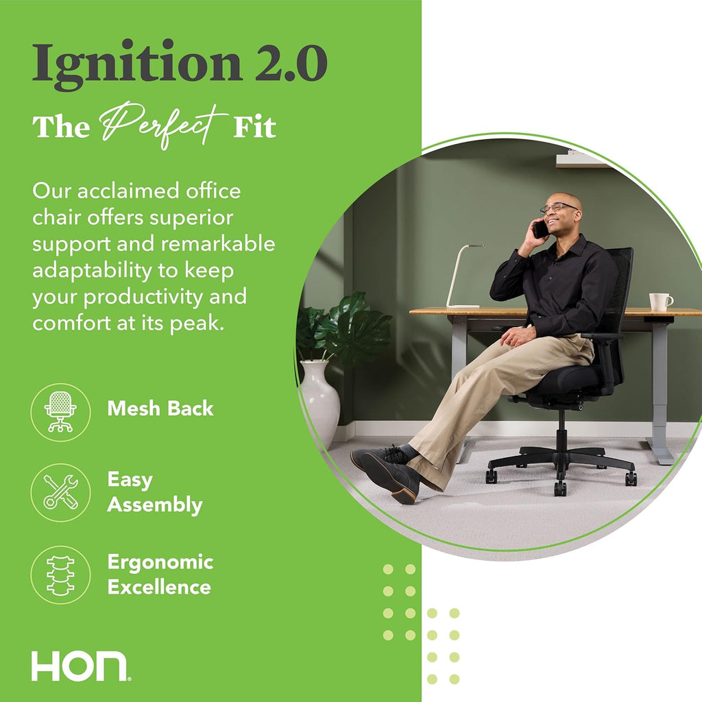 HON Ignition 2.0 Ergonomic Office Chair Fabric Seat, Adjustable Tilt, Swivel Wheels, Comfy for Long Hours, Home Office Desk Chairs, Fog