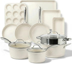 Gotham Steel Hammered 15Pcs Ceramic Cookware Set Nonstick, Induction Pots and Pans Set Non Stick with Bakeware Set & Steamer for Cooking, Non Toxic PFOA PFOS Free, Oven & Dishwasher Safe, Cream White