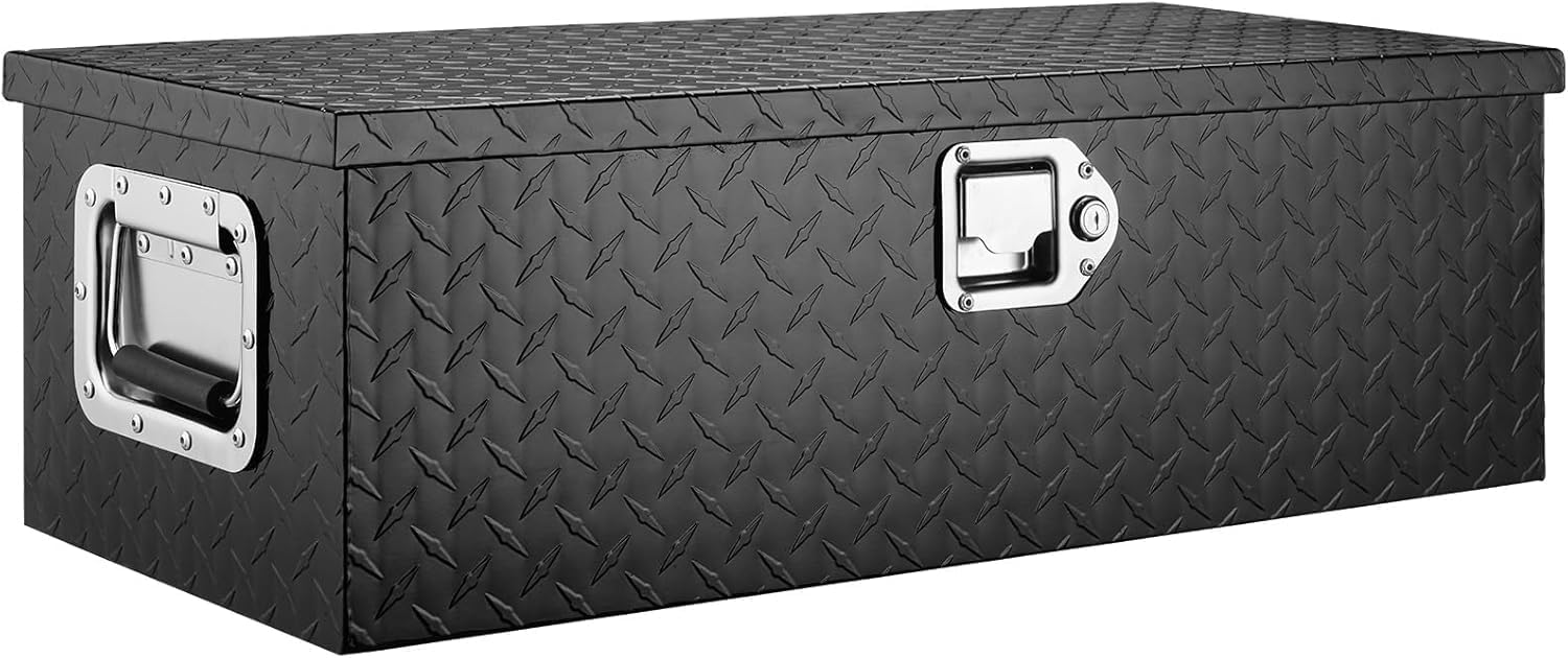 Heavy Duty Aluminum Truck Bed Tool Box 39"x13"x10" – Waterproof Diamond Plate Storage Chest, Lockable with Sliding Shelf & Stainless Handles, Durable Organizer for Pickup, Trailer, RV, Black