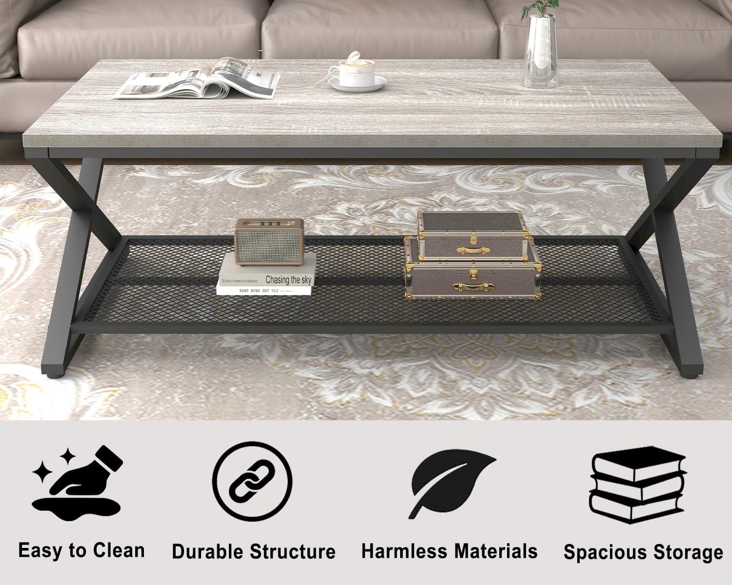 LVB Gray Coffee Table, Farmhouse Wood Metal Center Table with Storage for Living Room, Industrial Wooden 2 Tier Rectangle Cocktail Tea Table with Mesh Shelf for Office Bedroom, 47 inch, Light Grey Oak