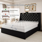 Queen Size Upholstered Platform Bed Frame with 4 Storage Drawers and Charging Station, Linen Button Tufted Wingback Headboard, Sturdy Wooden Support Slats, No Box Spring Needed, Black