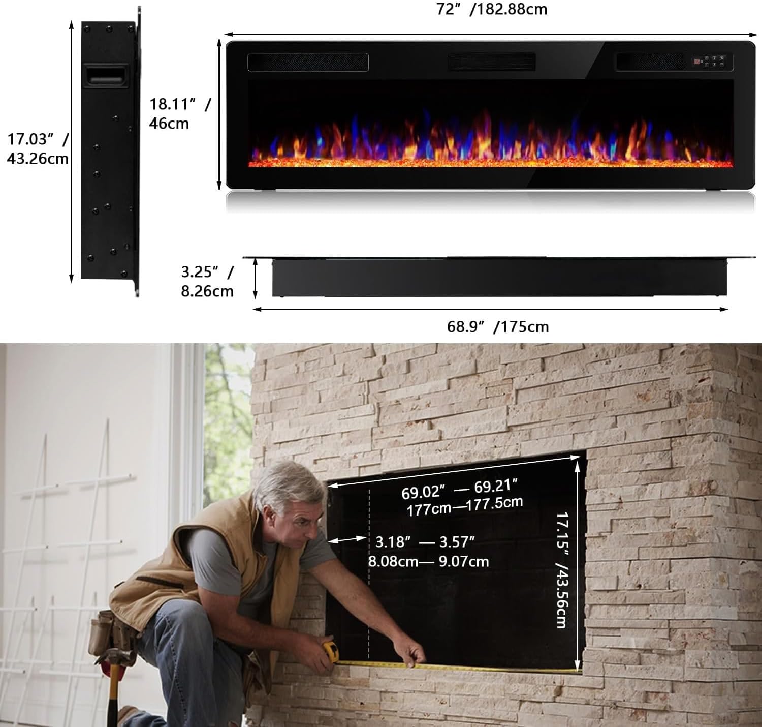 Vitesse 72 Inch Ultra Thin Electric Fireplace-Narrow Bezel Linear Fireplace Heater Recessed Wall Mounted, Remote and Screen Control, 8H Sleep Timer, Low Noise, 750/1500W for Living Room, Bedroom