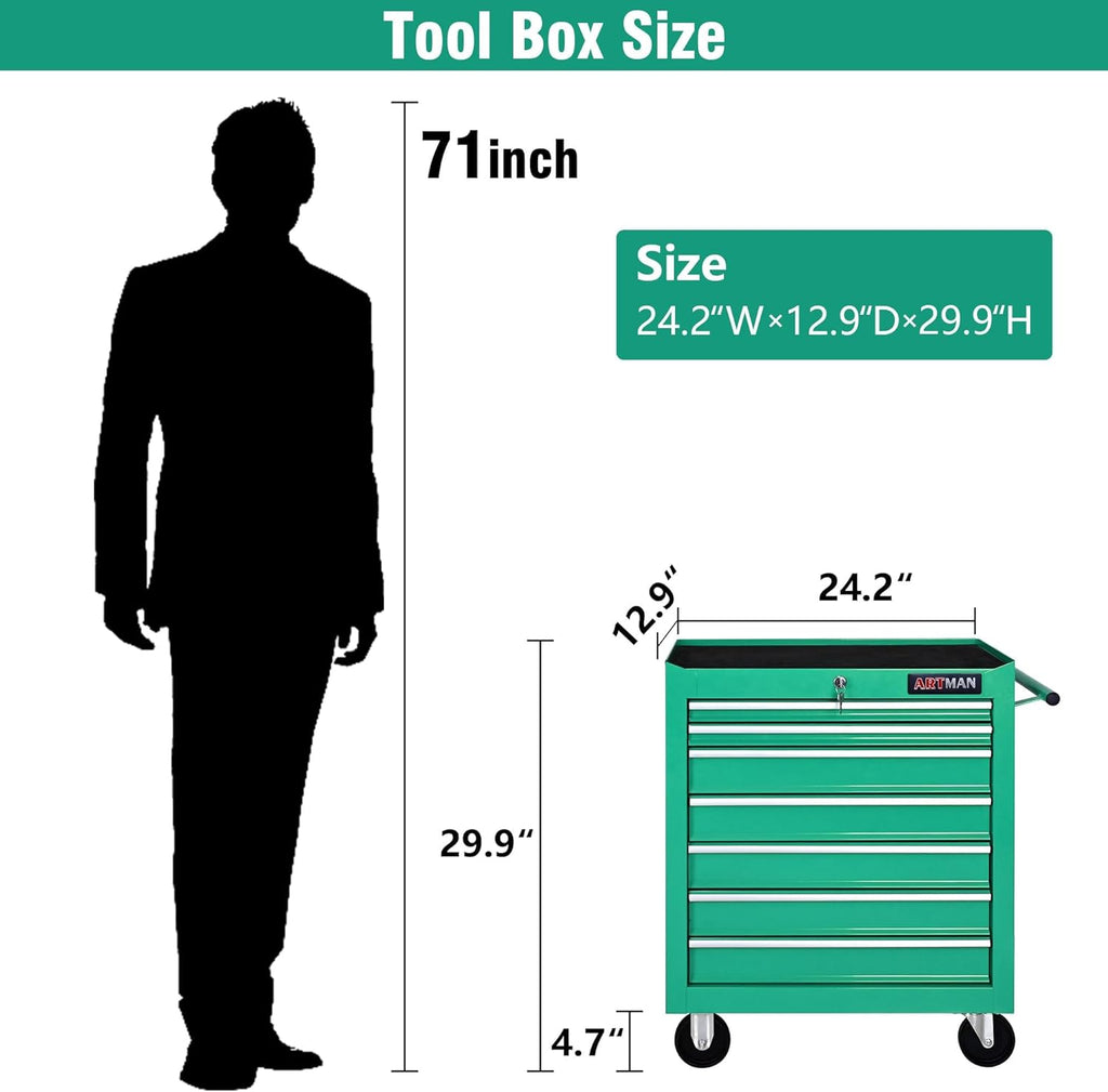 7 Drawers Rolling Tool Cart on Wheels, Multifunctional Organizer Tool Chest Tool Case, Trolley Tool Storage Tool Box for Workshop,Garage,Repair Shop (7 Drawers 24.2" W×12.9" D×29.9" H-Green)