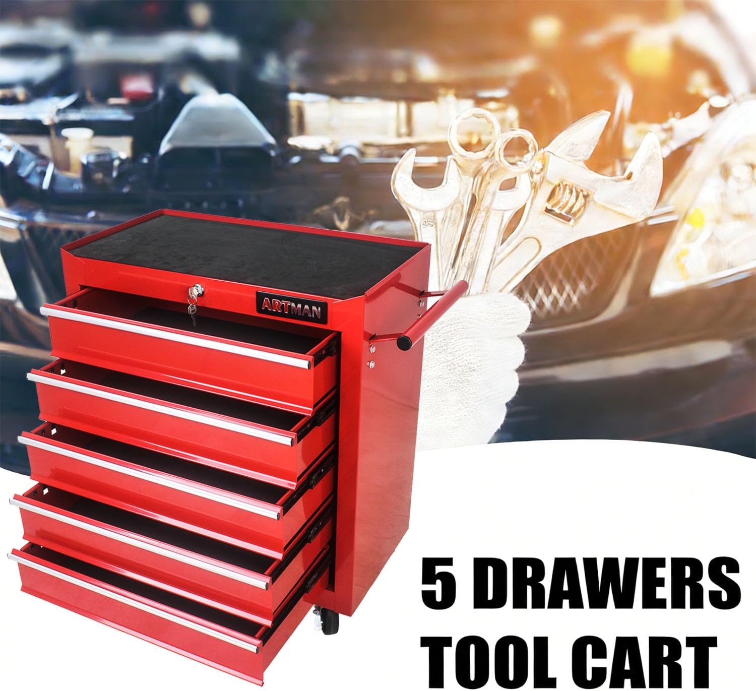 5-Drawer Tool Cart on Wheels, Drawers Rolling Tool Chest with Key Lock, Mobile Trolley Organizer Tools Box with Locking Wheels & Ball Bearing Drawers for Garage,Warehouse,Repair Shop (Red)